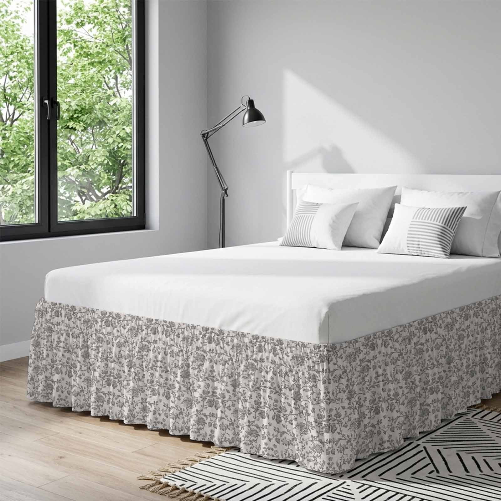 Farmhouse Grey Bed Skirt Queen Size, Vintage Flower Leaf Botanical Plant Wrap Around Bed Skirting with Adjustable Elastic Strap, Dust Ruffle Pleated Bedskirts 16 Inch Drop for Bedroom Queen Beds
