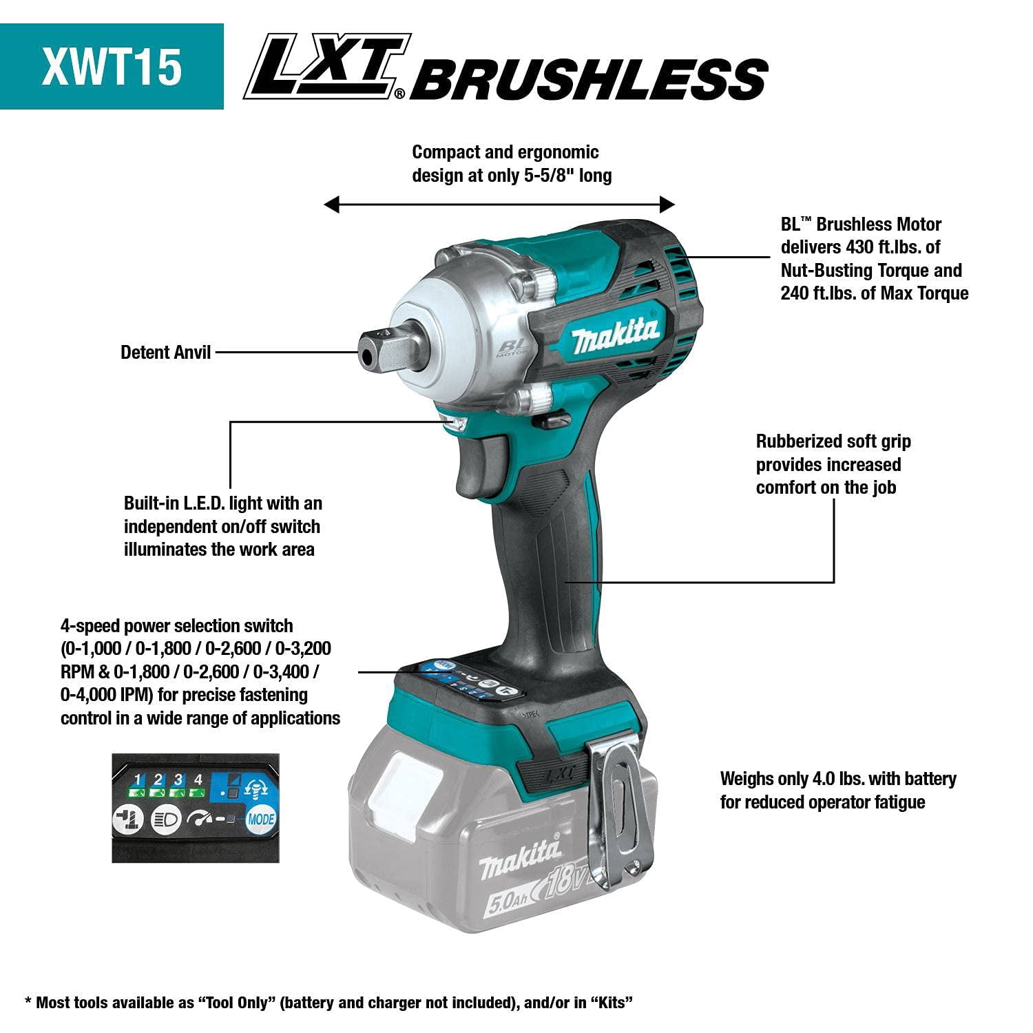 Makita XWT15Z 18V LXT® Lithium-Ion Brushless Cordless 4-Speed 1/2" Sq. Drive Impact Wrench w/Detent Anvil, Tool Only