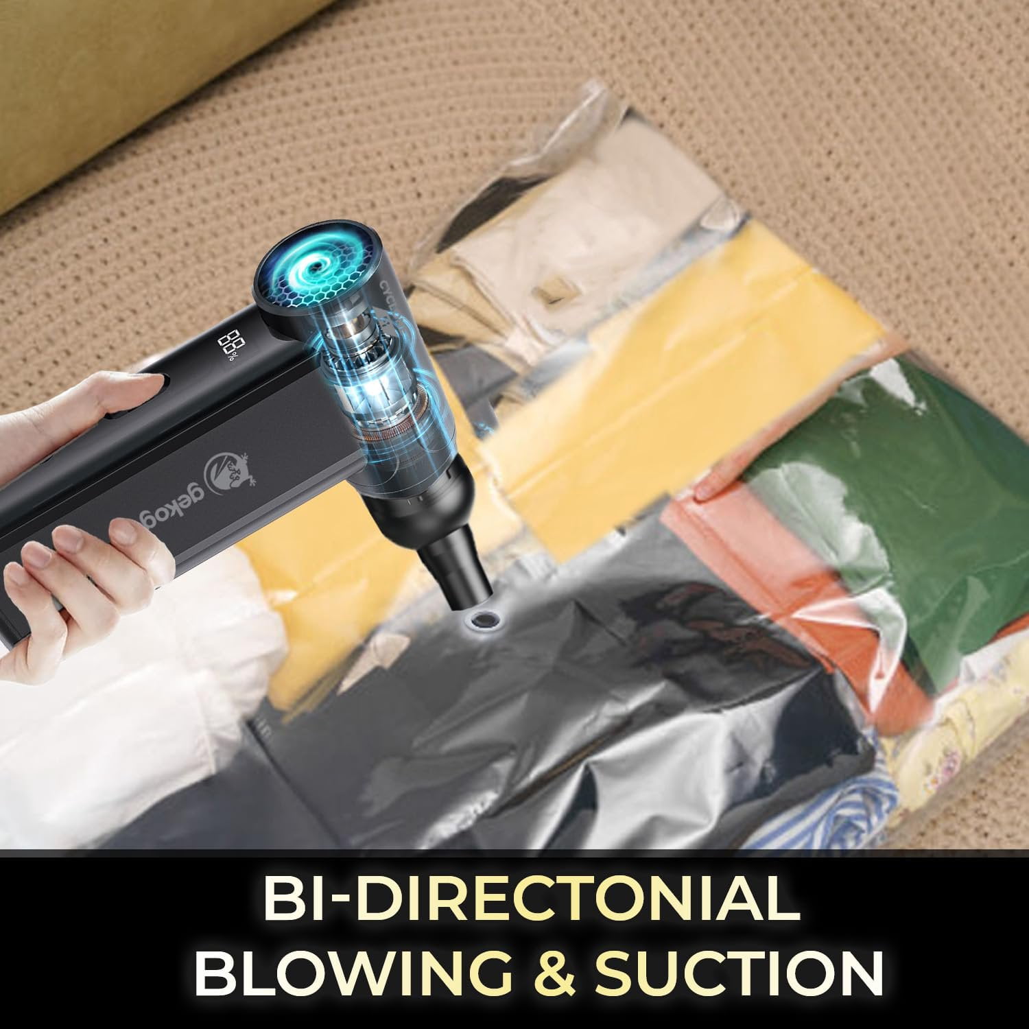 GekoGear Cyclone F1 Cordless 2-Way Air Blower, 110000 RPM Brushless Motor, 8 Speed Levels, Rechargeable USB-C Electric Air Duster with 5 Nozzles and LED Display for Electronics Car Keyboard, Black