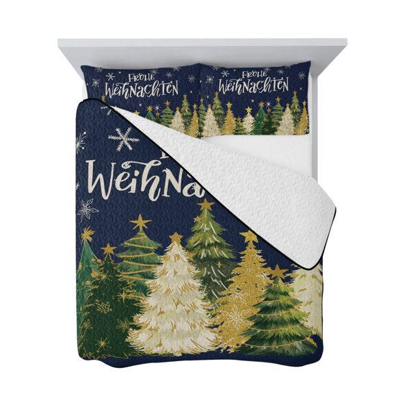 Twin Quilt Bedding Set, Frohe Weihnachten on Blue Soft Microfiber Summer Bedspread Coverlet with 2 Pillow Shams for All Season, Watercolor Christmas Trees Breathable Bedding Set for Hot Sleepers