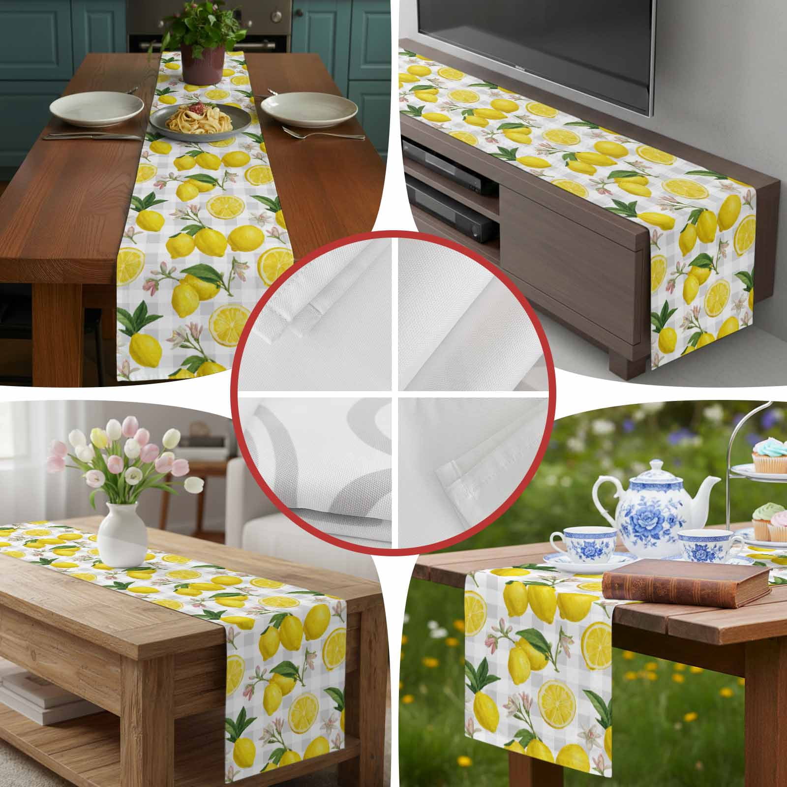 Summer Lemon Flower Leaves Table Runner 90 Inches Long, Grey White Plaid Lattice Table Runners Tabletop Scarf Kitchen Dining Tables Decoration for Home Party Indoor Outdoor