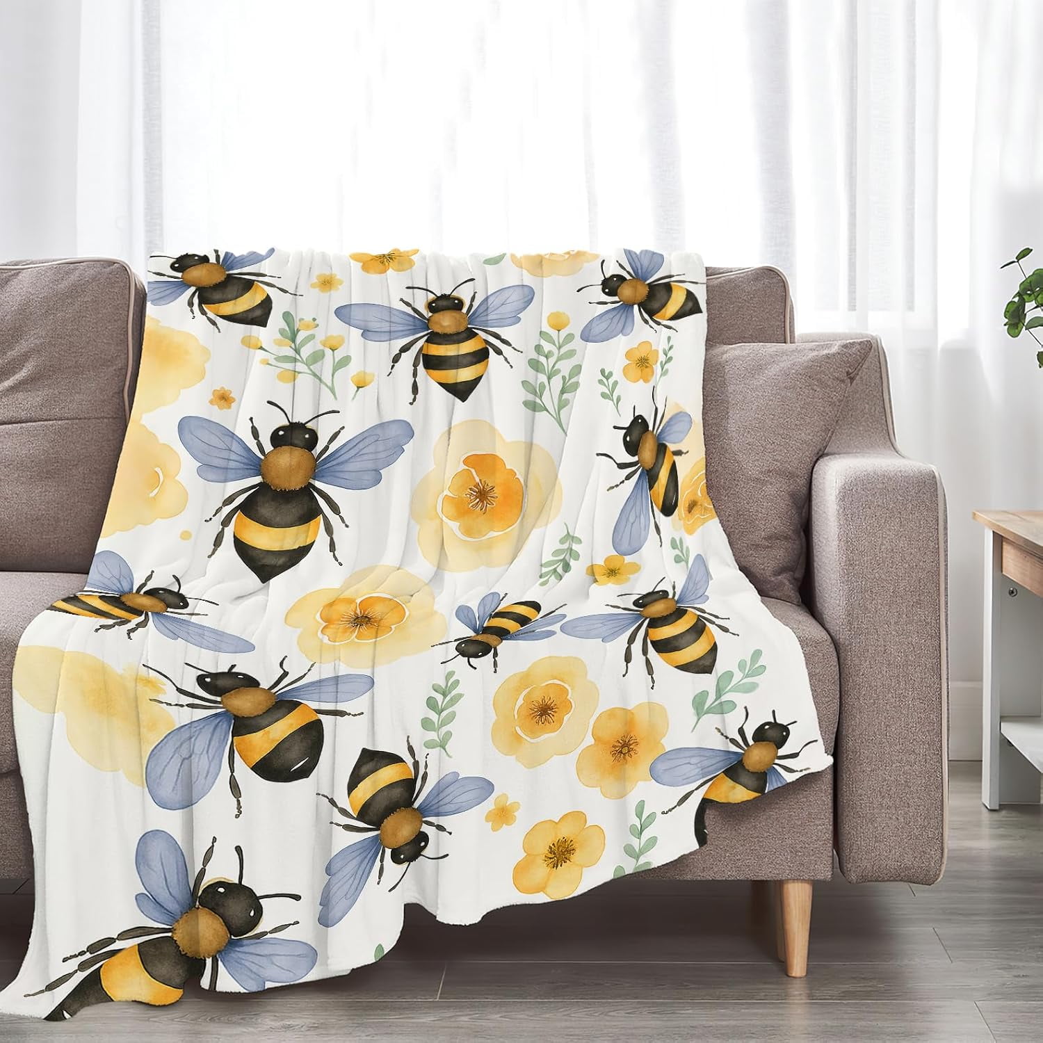 Bee Blanket Super Soft Warm Fluffy Fleece Flannel Flower Insect Blanket Cozy Fuzzy Plush Stuff Floral Bedding Blankets Gifts for Women Users men Women Adults 50"X40"