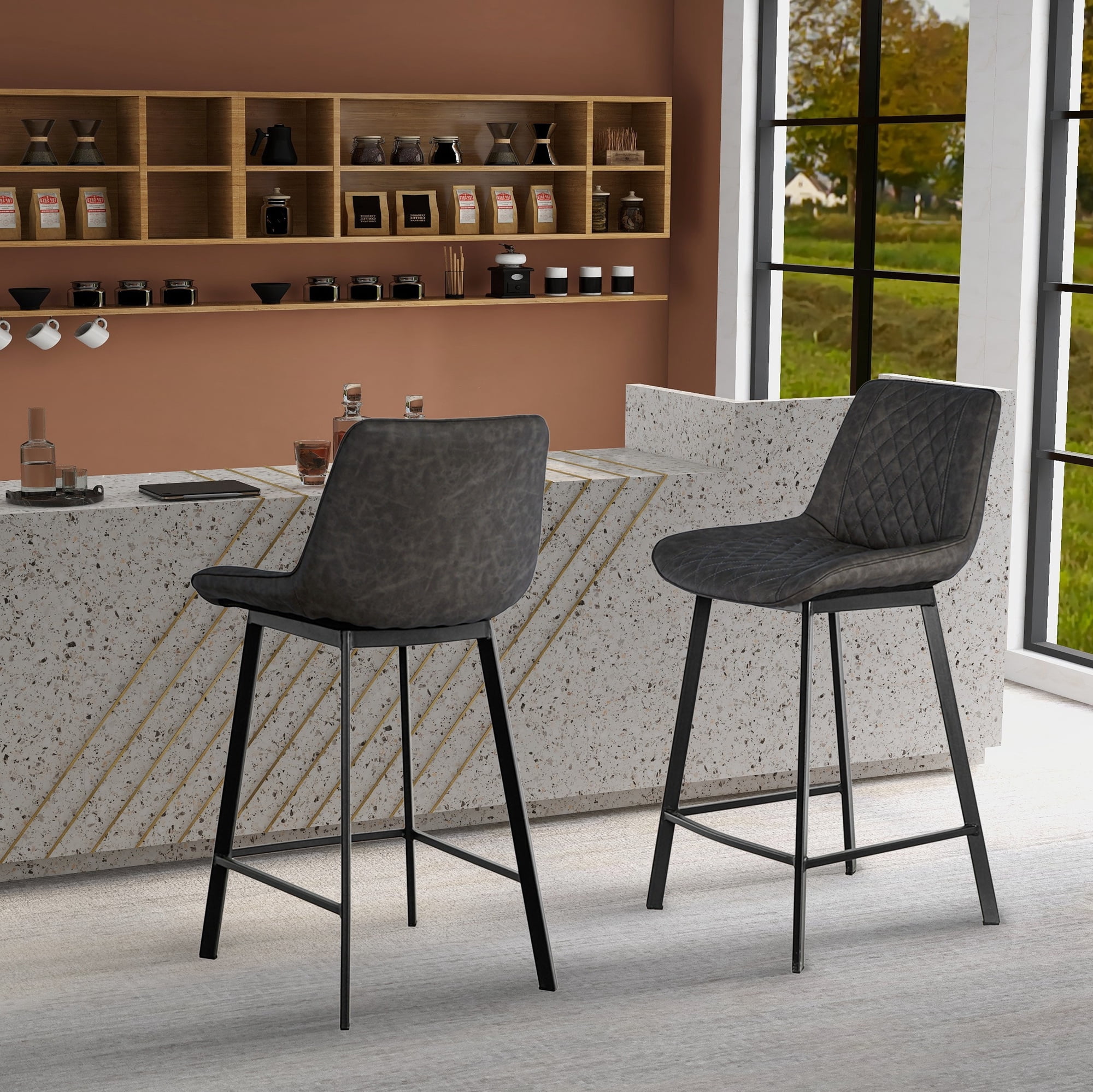 Kepooman 26" Counter Height Bar Chair with Low Back, 2 Pcs Modern PU Leather Leisure Barstool, Dark Brown