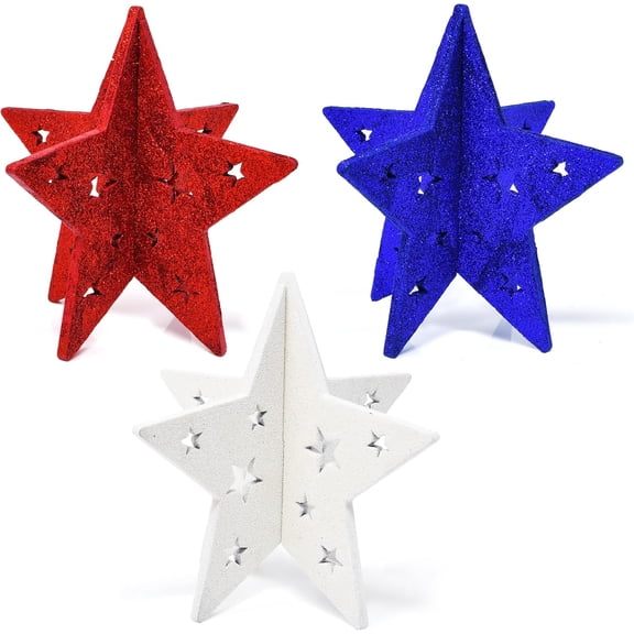 Gift Boutique Patriotic 3D Star Decor Set, Red White Blue Glitter Tabletop Independence Day Centerpiece, 3-Piece Americana Holiday Decoration