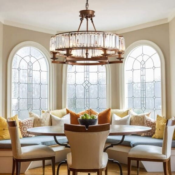 KPIBEST Round Crystal Chandelier Brown Industrial Dining Room Light Fixtures 6 Light for Farmhouse Living Room Foyer