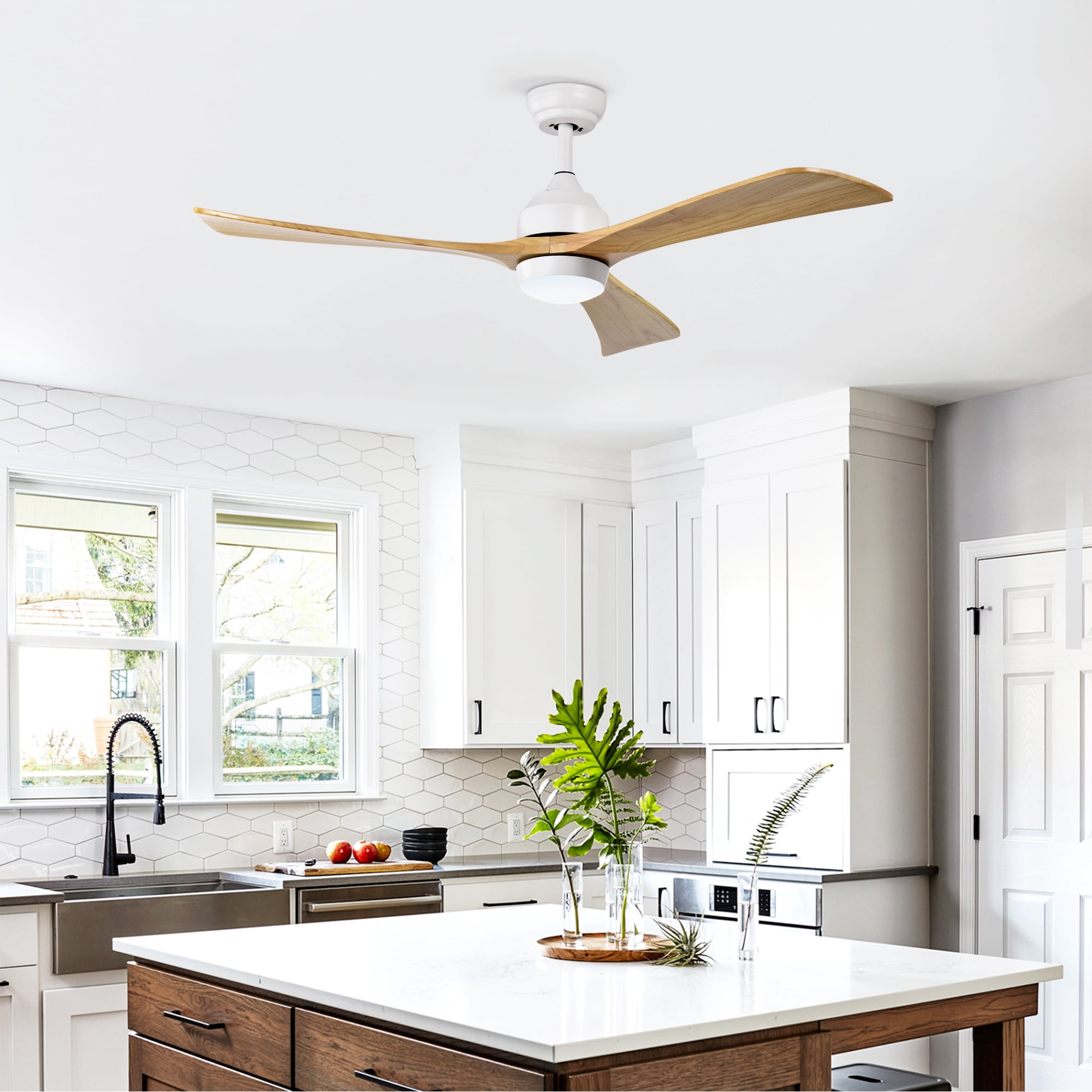 Ceiling Fan with Light, 52 Inch Solid Wood Blade Quiet Fan for Home Office Living Room, White Natural Wood