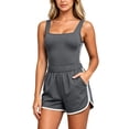 thumbnail image 2 of Athletic Outfit Sets 2 Piece Women Solid Square Neck Tank Side Stripe Drawstring Shorts Gray M, 2 of 6