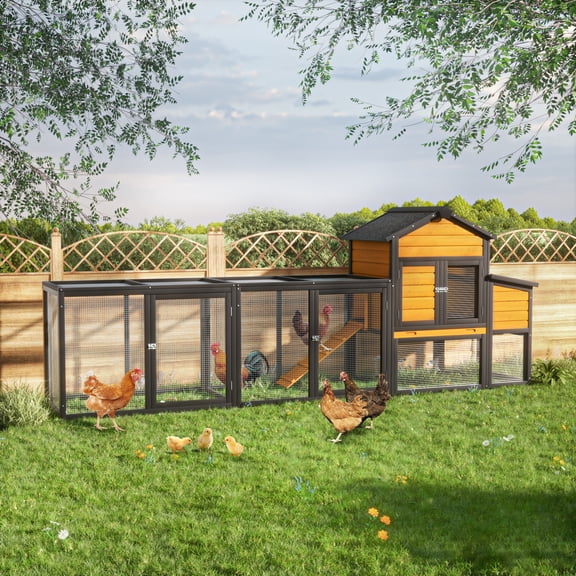 Large Outdoor Wooden Chicken Coop with Run for 2-4 Chickens, Expandable Poultry House with 7 Doors, Nesting Box, Ramp & Pull-Out Tray