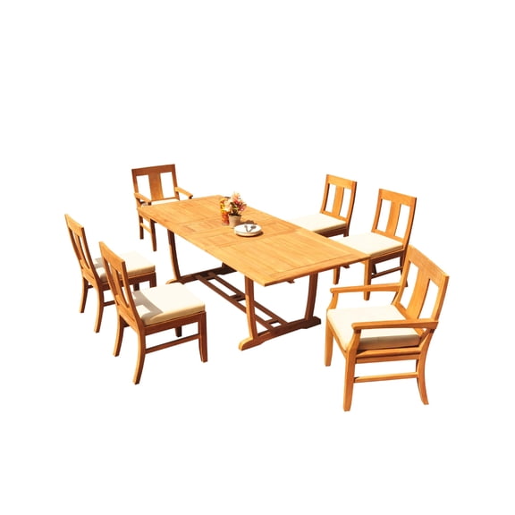 Grade-A Teak Dining Set: 6 Seater 7 Pc: 94" Mas Rectangle Trestle Leg Table And 6 Osborne Chairs (2 Arm & 4 Armless Chairs) WholesaleTeak #51OS1107
