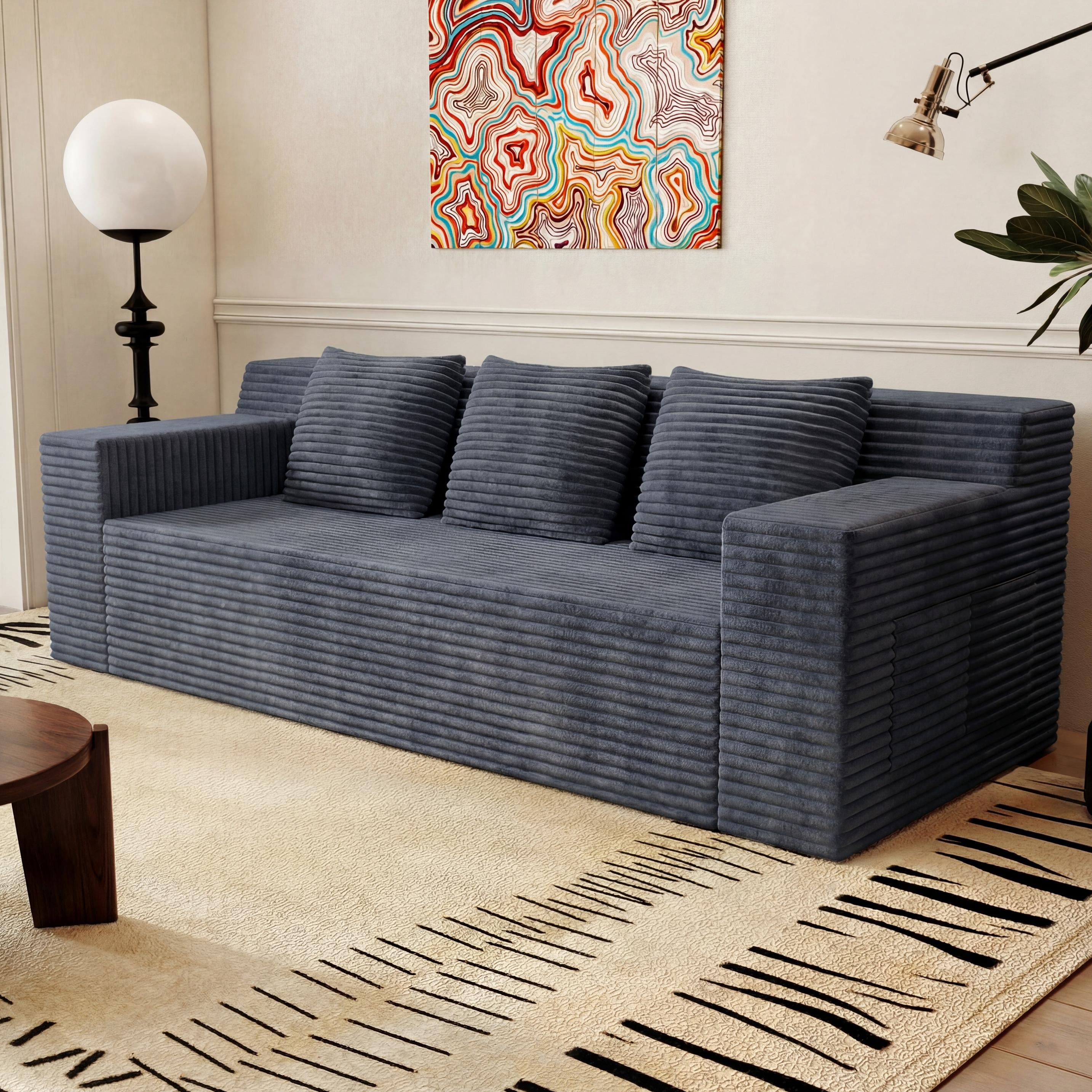 HSUNNS 71" 3 Setaser Sofa, Comfy Extra Deep Seat 3 Seater Couch for Living Room with Soft Upholstered, Free 3 Pillows and Side Pockets, No Assembly Required, Dark Grey