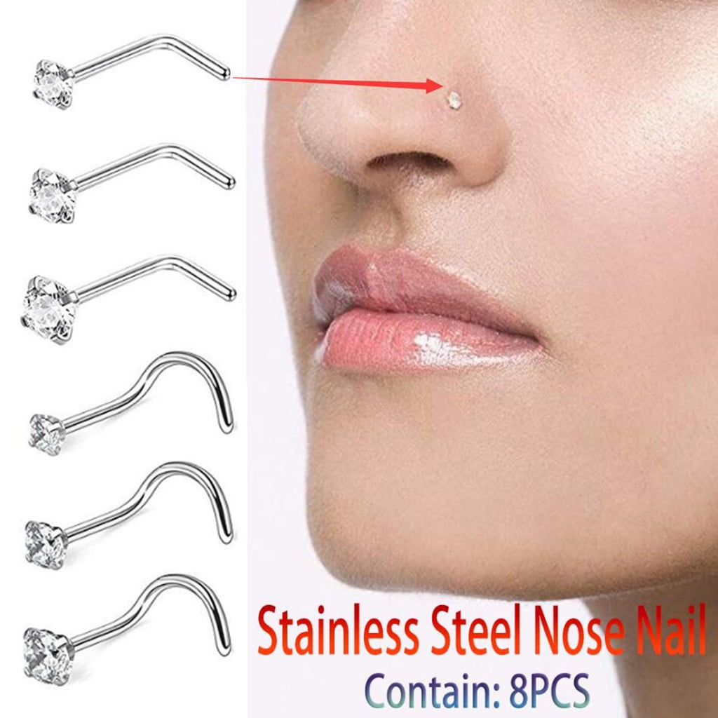 Botrong 8PC Stainless Steel Nose Ring Crook Nose Body Piercing Jewelry ...