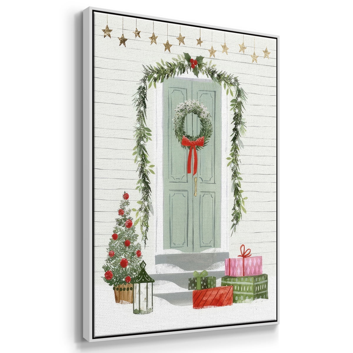 Festive Front Door I - Framed Gallery Wrapped Holiday Canvas - 25 x 37 - White Frame