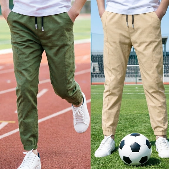 LEKWK Linen Joggers for Boys 2 Pack Elastic Waist Back To School Jogger Pants with Pockets Lightweight Drawstring Mid Rise Full Length Tapered Fit Lounge Travel Casual Daily Wear Green 11 Years