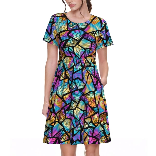 Bixox Robe d'Été à Manches Courtes pour Femmes Robe Ample Longueur Genou avec Poches-Verre Coloré1