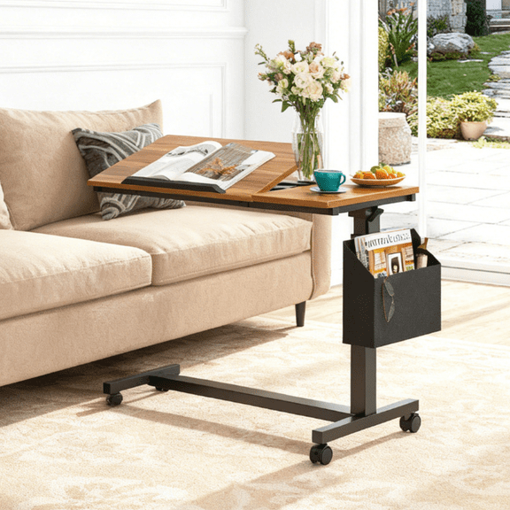 Fnova Height-Adjustable End Table with Wheels, C-Shaped Mobile Sofa Snack Tray, Tiltable Drawing Board, Laptop Side Table for Living Room, Bedside Table for Couch