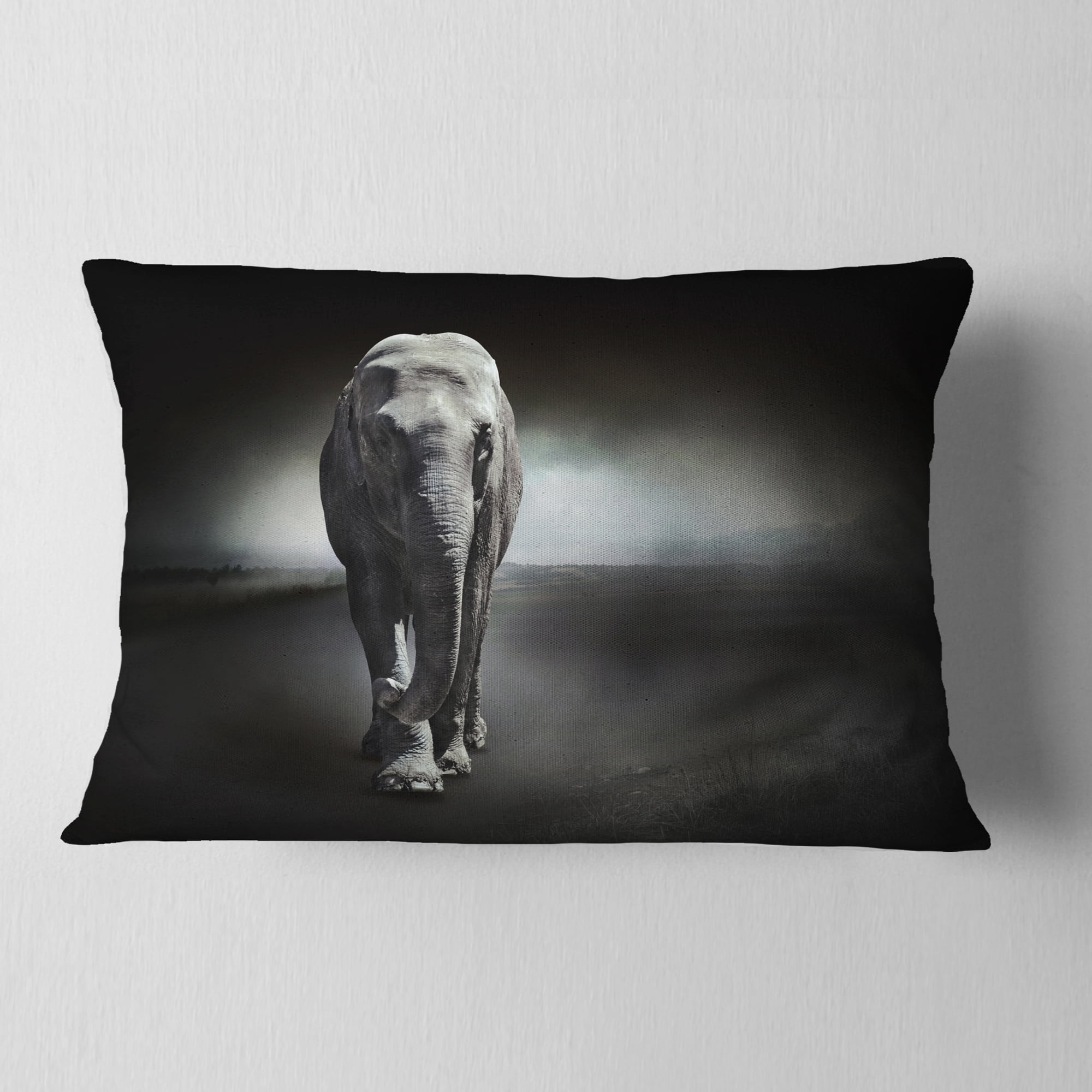 Designart Large Elephant on Black - Animal Throw Pillow - 12x20