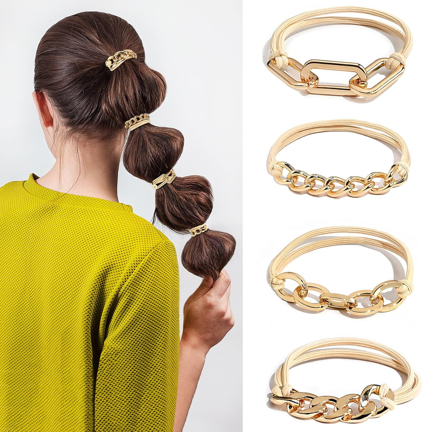 4-Pack Black Hair Ties - Hair Bands for Women's Hair Double as Cute Hair Tie Bracelet, Double Rope Elastic Metal Hair Ties for Thick Hair, No Damage Hair Cuffs for Ponytail,Thin, Curly Hair