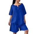thumbnail image 2 of Two Piece Sets For Women Summer Linen Casual Outfit Plus Size Loose Fit Short Sleeve Shirts & Wide Leg Shorts Sets,Blue,XL, 2 of 7