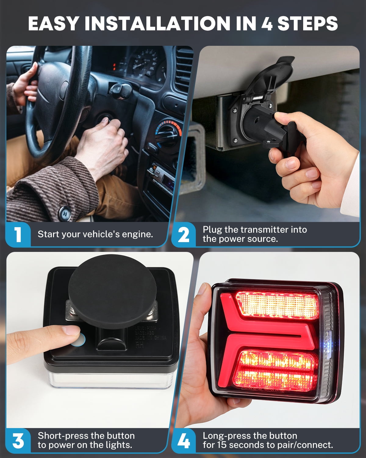 Kohree Wireless Trailer Lights Magnetic, 328 FT Signal Synchronization, Rechargeable Wireless Trailer Tow Lights LED Kit, IP67 Waterproof, 10-Hour Battery Life for Towing Truck Camper RV Boat