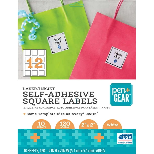 Pen+Gear, Laser/Inkjet White Square Labels, Permanent Adhesive, 2 X 2, 12 Labels Per Sheet, 120 ...