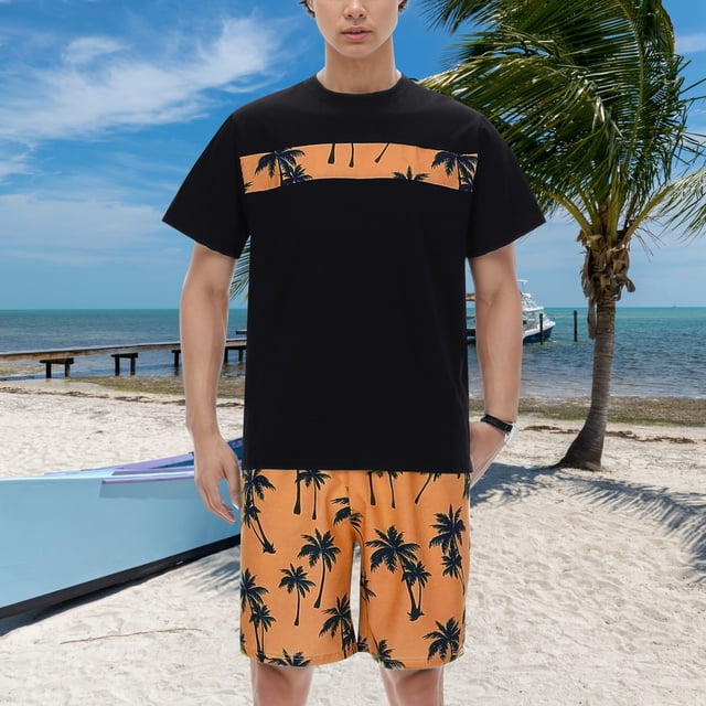 Men's Suits Casual Hawaii Coconut Tree Print Shirt with Drawstring Waist Shorts Set for Everyday Wear