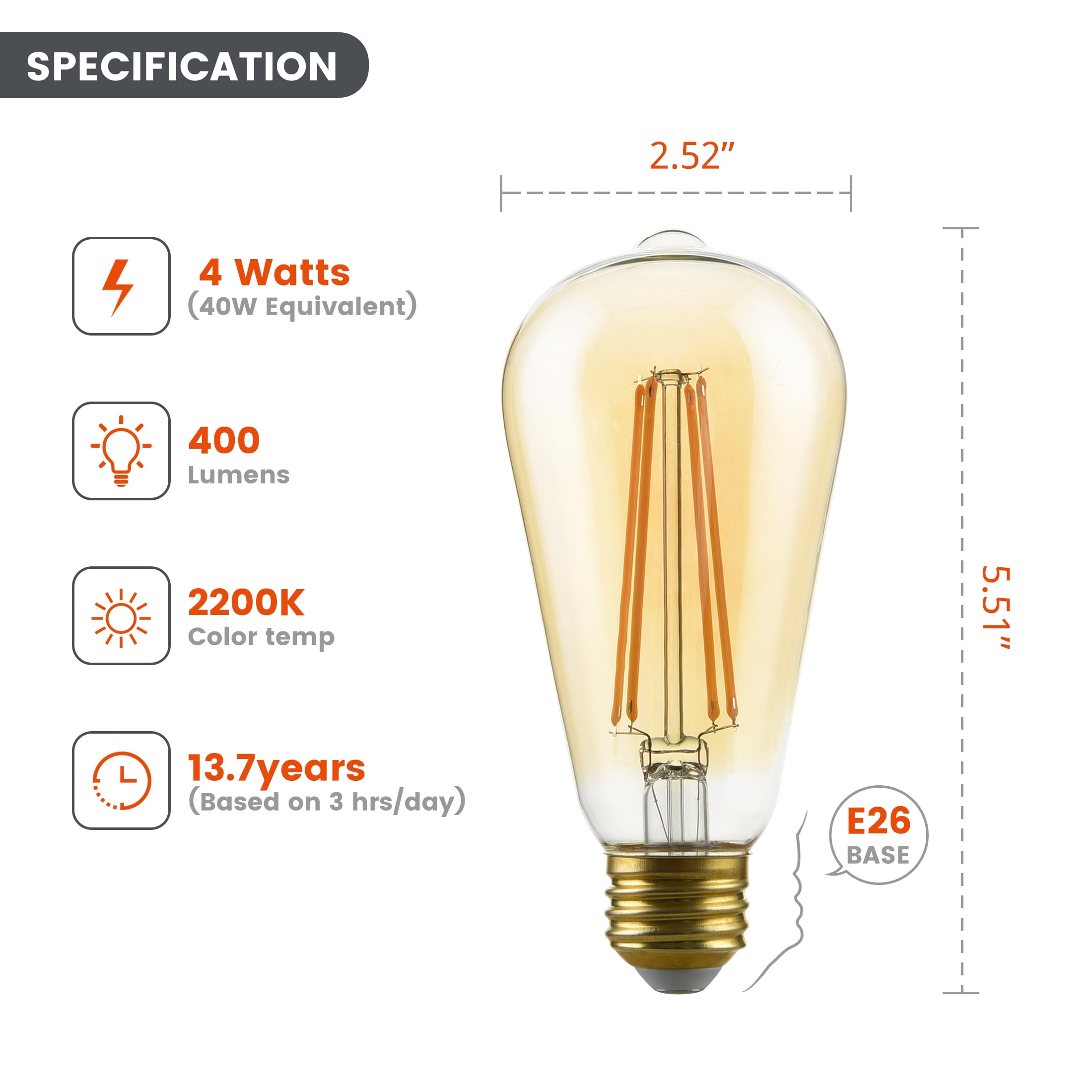 BH&G LED Vintage Bulb, 4-Watt (40W Equiv.) ST19 Filament Dimmable, E26 Base, Amber Glass, 8 Pack