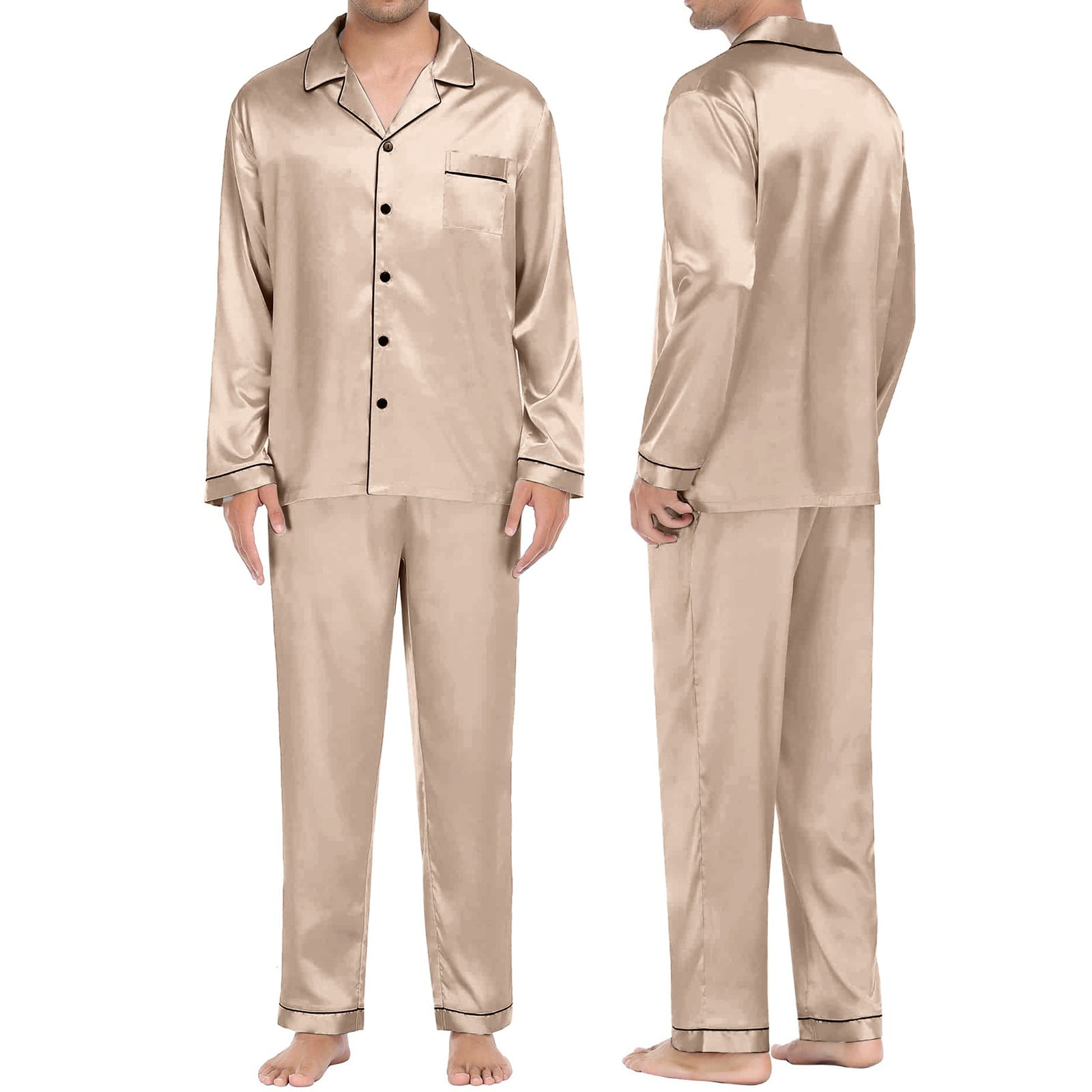 DondPO Womens Pajamas,Silk Pajamas for Women Men's Casual Pyjamas Long Sleeve Blouse Button Silk Satin Two Piece Sleepwear Suit Pant Pyjama Pajama Sets for Women 2 Piece,Pj Sets for Woman Beige 4XL