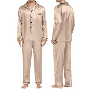 DondPO Pyjamas à manches longues pour hommes Pyjamas en soie satinée à deux pièces Pydjama à manches courtes pour femmes 2 Pièce, Sets Pj pour Femme Beige 4XL