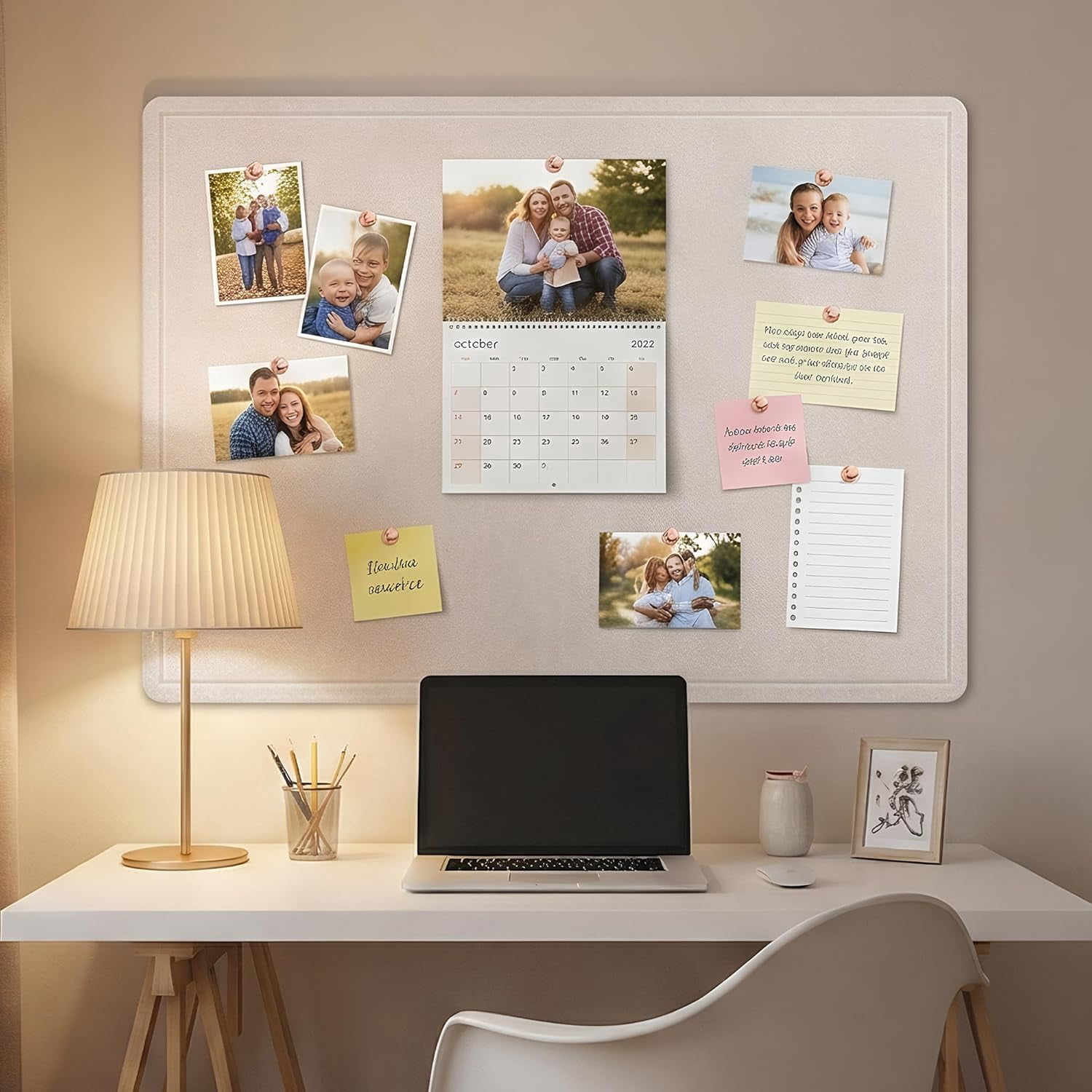 Bulletin Board, 24" x 16" Foldable Felt Notice Pin Board for Wall, Decorative CorkBoard Photo Display with Self-Adhesive Tape, Vision Cork Alternative 25 Pushpins - Latte