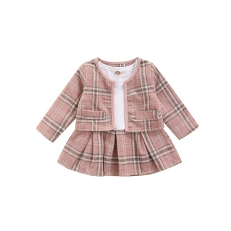 

SAYOO 2 Pcs Infant Plaid Outfits Girls Color Block Long Sleeve Round Neck Dress + Cardigan