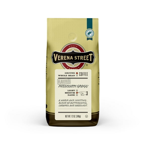 Verena Street Mississippi Grogg Flavored Ground Coffee, Medium Roast, 12 Ounces – Butterscotch, Caramel & Hazelnut Flavored Arabica Coffee