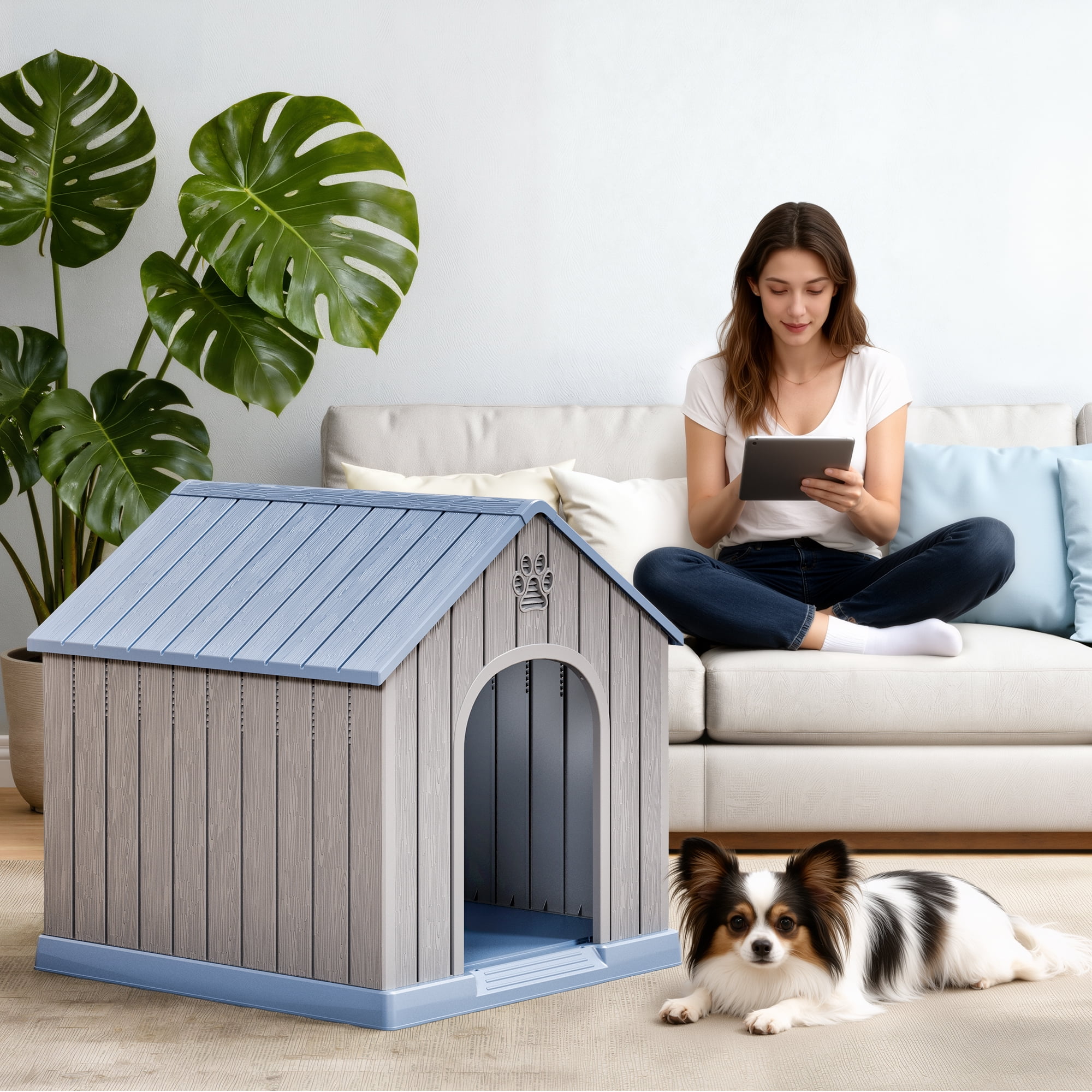 LHBcraft Durable Dog House for Small Medium Dogs,PP Waterproof Dog Shelter with Air Vents & Elevated Floor,Easy Clean and Assemble for Outdoor & Indoor,Blue