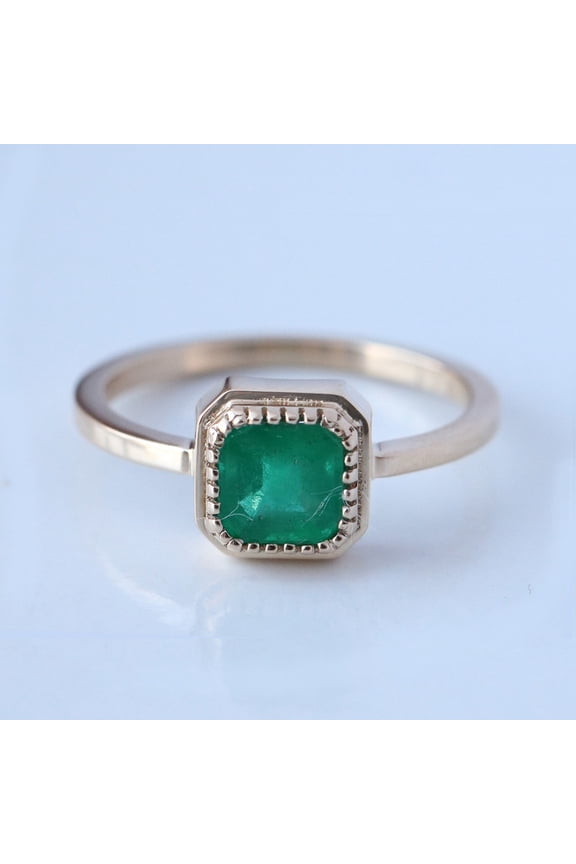 Solitaire Emerald Ring, Dalicate Stackable Ring, 18k Gold Plated Silver Ring, Milgrain Band Ring, Asscher Cut Emerald Ring, Sterling Silver Ring