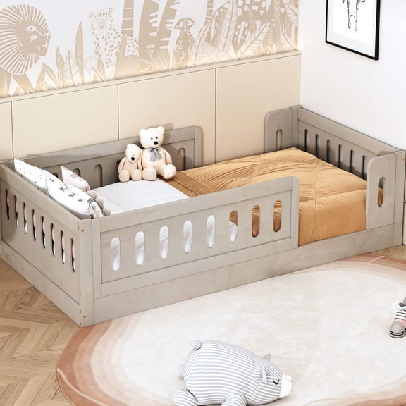 Twin Size Wood Platform Bed With Guardrail - & Natural Fashionable Design