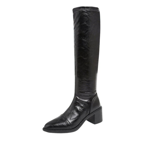 Black Womens Winter Boots With Splicing Pointed Toe And Thick Heel For Fashionable Casual Look