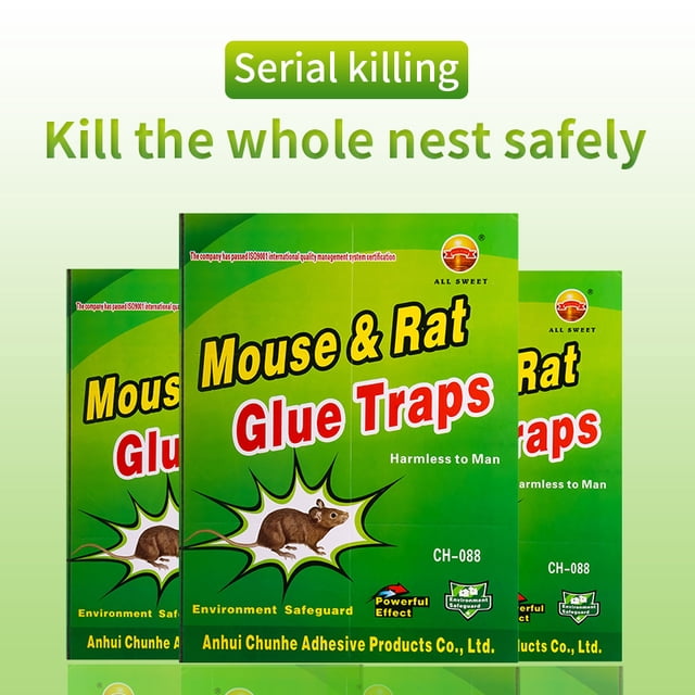pegamento adhesivo para ratones, 22 piezas — caja verde de la marca Afortunado con texto en inglés “Mouse & Rat Glue Traps”, tres cajas en plano medio, ilustración de una rata sobre una placa adhesiva y la leyenda visible “Harmless to Man”; logos pequeños en la esquina superior y fondo degradado claro; a menudo usado como opción para control doméstico.