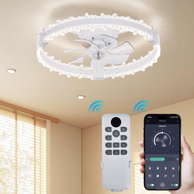 Acrylic Ring Fan Light with Tree Branch Design – 2-in-1 LED Ceiling Fan & Light, 500mm Slim Profile, 7-Blade Silent Motor, Energy-Efficient, Yellowing-Resistant – Black/White – Ideal for Contemporary