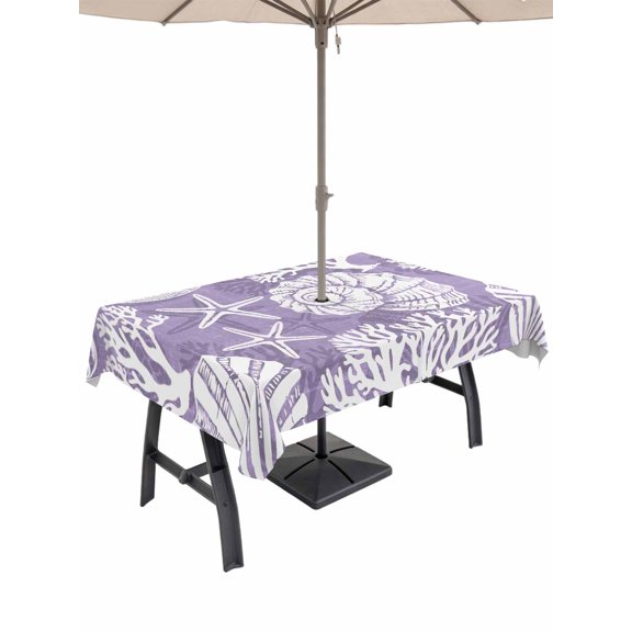 Outdoor Tablecloth with Umbrella Hole for Patio/Picnic/Party/Camping, Purple Coastal Waterproof Table Cloth Rectangle Table Cover Washable, Conch Nautical Summer Starfish Shell Coral (52"x 70")