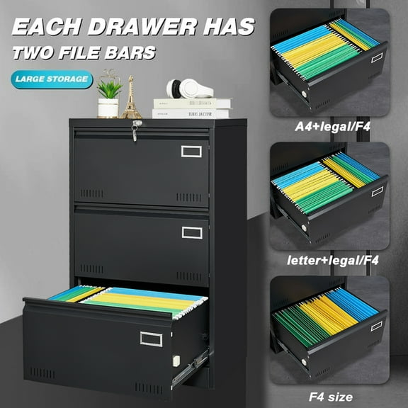 Office Use Filing Cabinet 3 Drawer, Black Metal, Large Space & Drawer For Use, Metal With Lock, Expanded Storage Capacity, Soundless Slide Rail, -resisting Design,