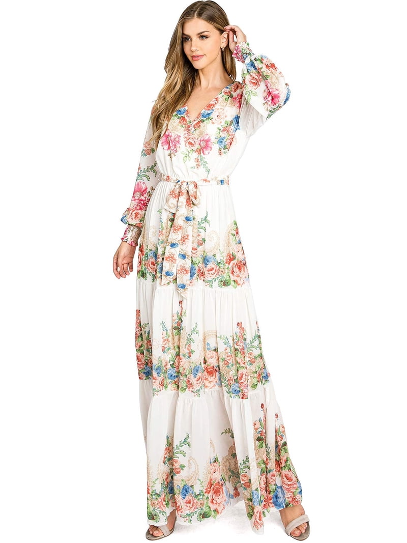 Flying Tomato Women's Elegant Chiffon Floral Long Sleeve Maxi Dress -  Walmart.com