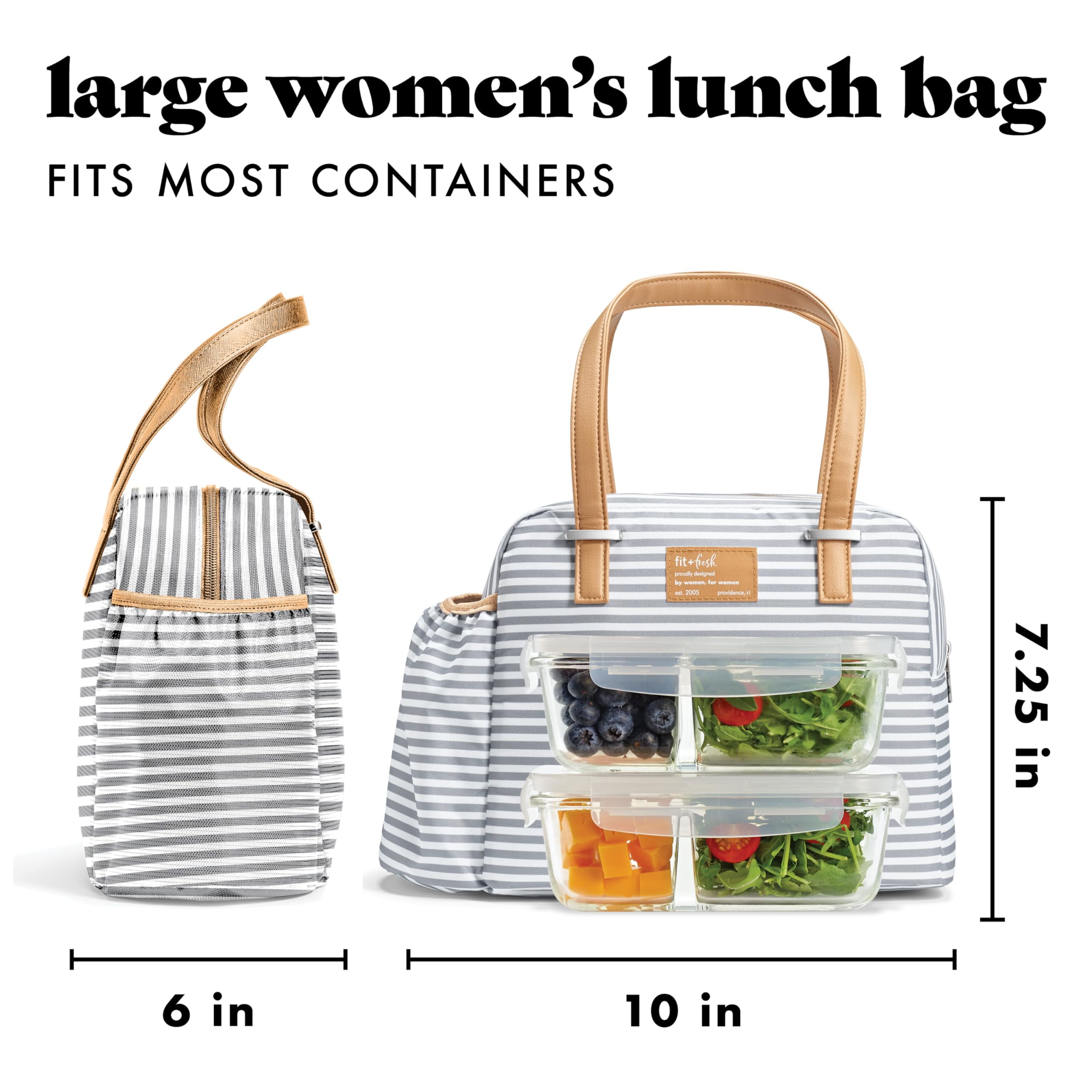 Fit+Fresh Lunch Bag For Women, Insulated, Leakproof With Containers, Laketown Grey Stripe