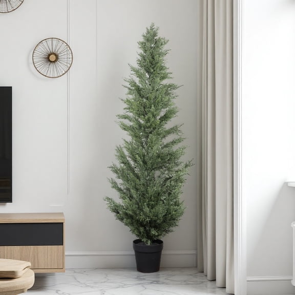 5FT Artificial Cypress Tree - UV Resistant Faux Topiary Plant with Plastic Pot, Low-Maintenance Indoor/Outdoor Decor for Patio, Entryway & Garden