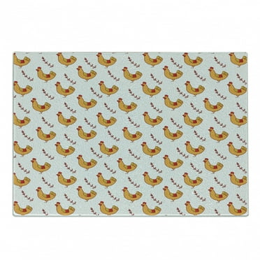 Hen Cutting Board, Continuous Pattern of Doodle Chicken and Leafy Branch, Decorative Tempered Glass Cutting and Serving Board, in 3 Sizes, by Ambesonne