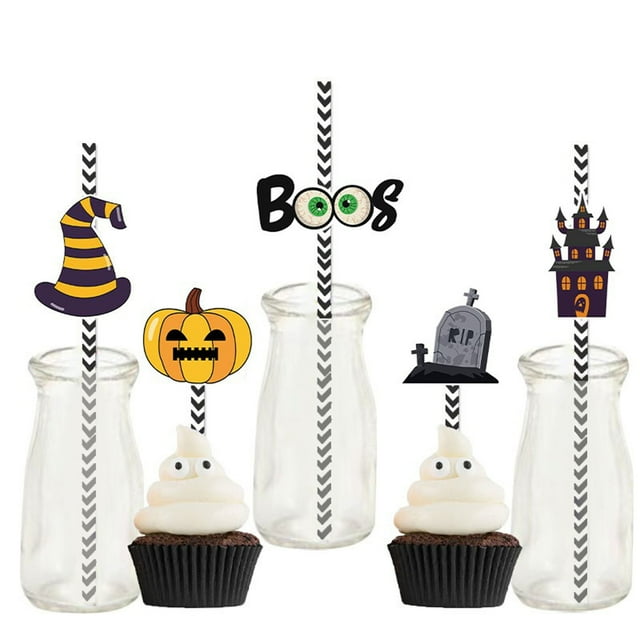 Pajitas para fiesta de Halloween con banderines | Paquete de 24 pajitas desechables para decoración de Halloween | Artículos para fiestas temáticas de bebidas y cócteles