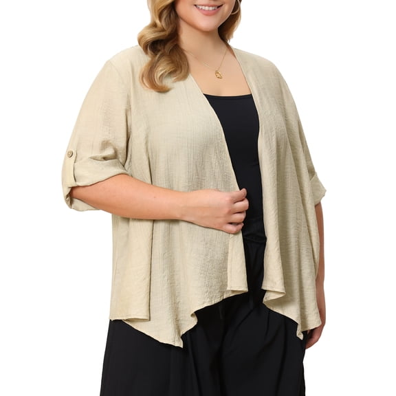 GRACE & GRANDEUR Women's Plus Size Cardigan Waterfall Style 3/4 Sleeve Shrug Irregular Hem Lightweight Open Front Cardigans 1X Apricot