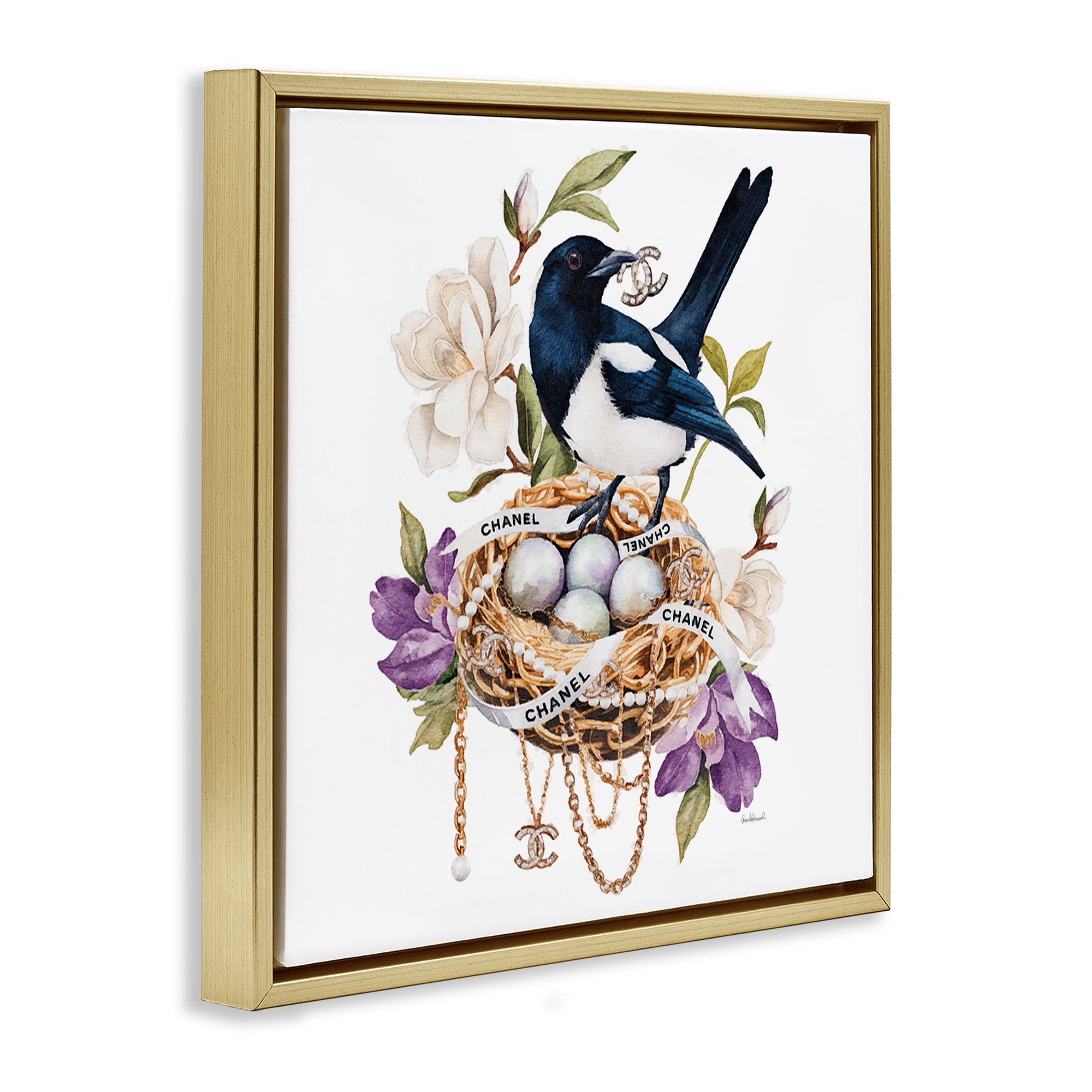 Stupell Industries Glam Birds Nest Magnolia Gold Framed Floater Canvas Wall Art, design by Amanda Greenwood