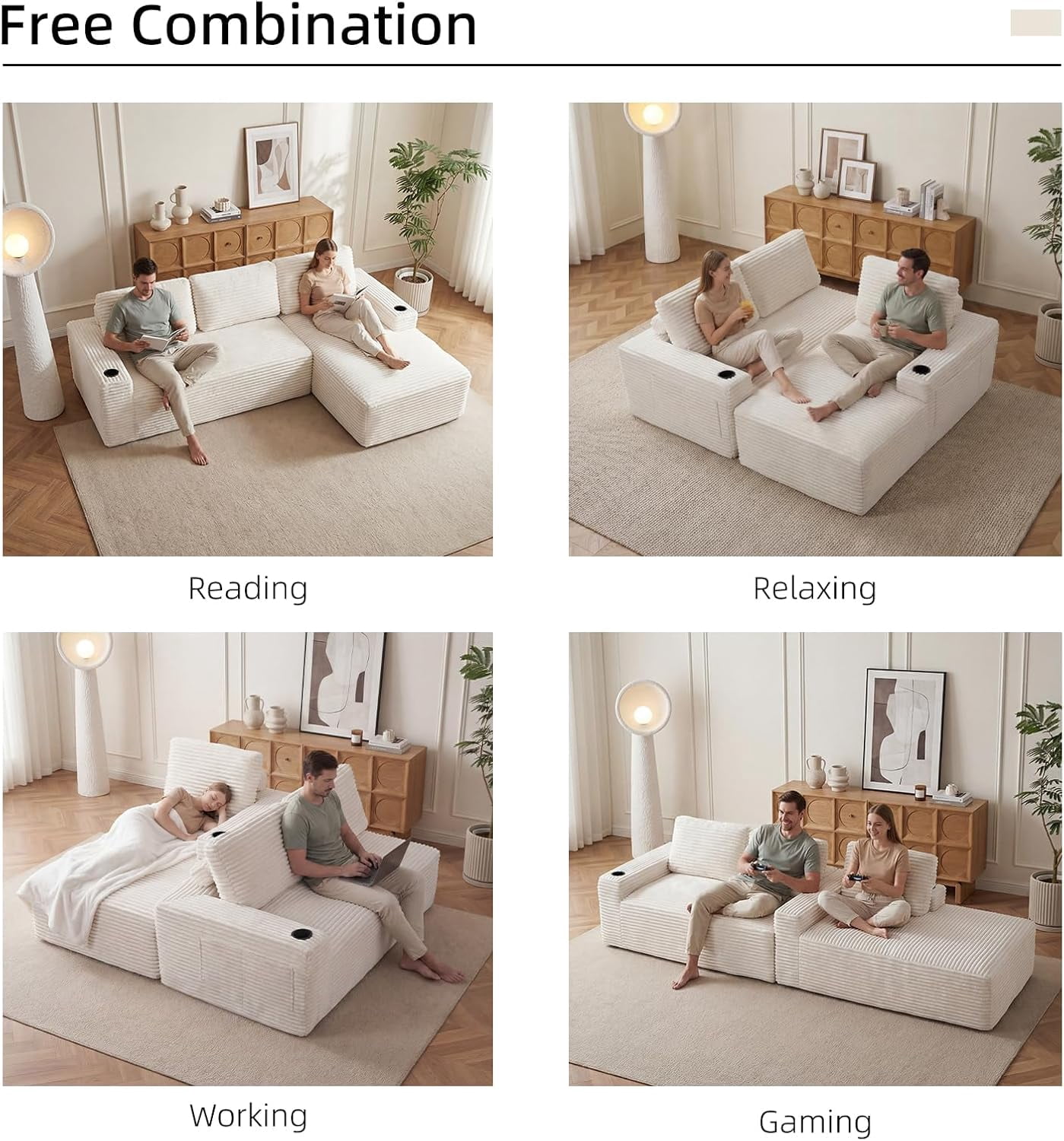 104" Cloud Modular Sectional Sofa, Corduroy Boneless L-Shape Chaise Couch with Deep Seat for Living Room Bedroom, No Assembly Required