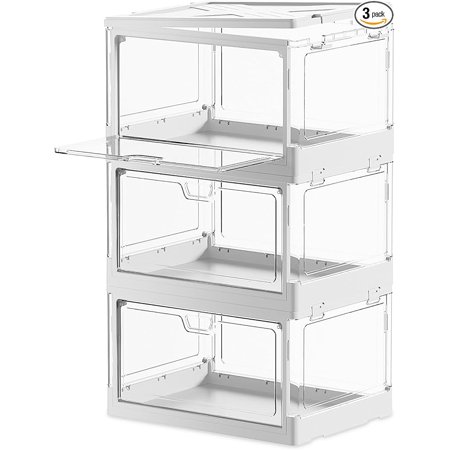 Stackable Clear Storage Bins with Lids,70 Qt Plastic Collapsible Organizer Containers Boxes with Doors for Closet Living Room Bedroom White 15x11.2x8.7 x 3-Pack