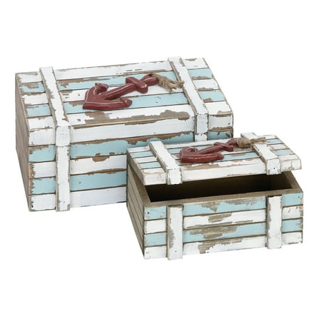 DecMode Teal Wood Decorative Box with Anchor Detail and Hinged Lid, 2 Count