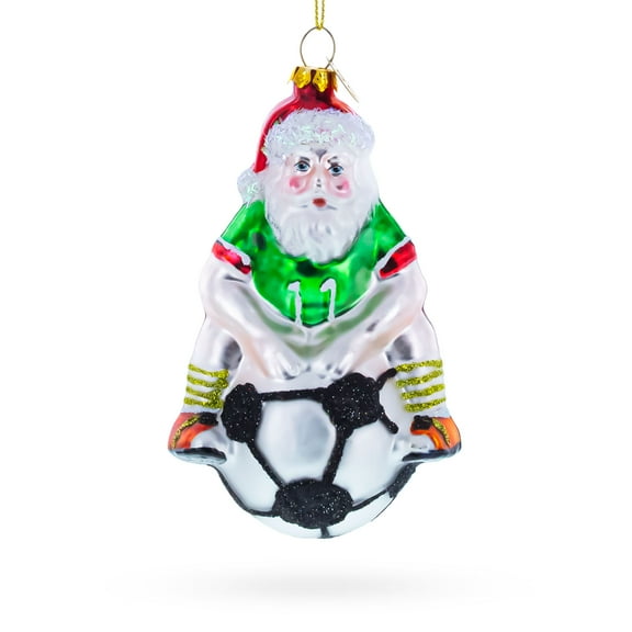 Santa Sitting on Soccer Ball Glass Christmas Ornament
